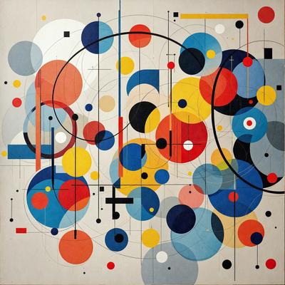 The primary subject of the image is a colorful, abstract painting featuring a variety of shapes and colors. The setting is a white background, which provides a clean and uncluttered appearance. The visual style is a mix of digital art and illustration, creating a unique and vibrant piece of art. The dominant colors in the painting are red, blue, yellow, and orange, which contribute to a lively and energetic atmosphere.